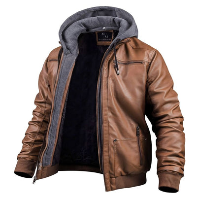 Moderner Leder-Wintermantel mit Kapuze für Männer