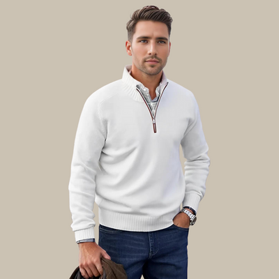 Moderner hochwertiger Herrenpullover mit Reißverschluss und hohem Kragen