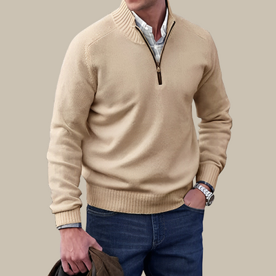 Moderner hochwertiger Herrenpullover mit Reißverschluss und hohem Kragen