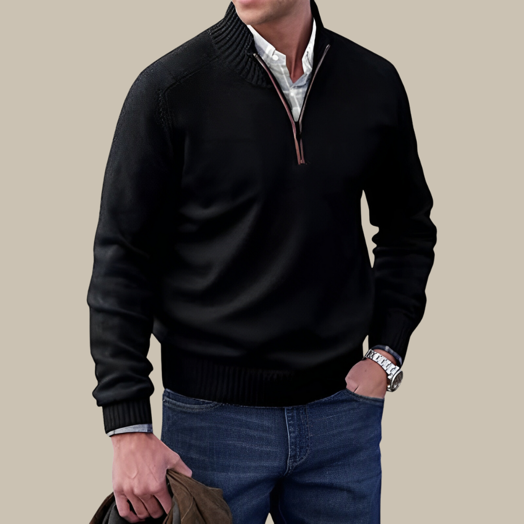 Moderner hochwertiger Herrenpullover mit Reißverschluss und hohem Kragen