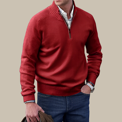 Moderner hochwertiger Herrenpullover mit Reißverschluss und hohem Kragen
