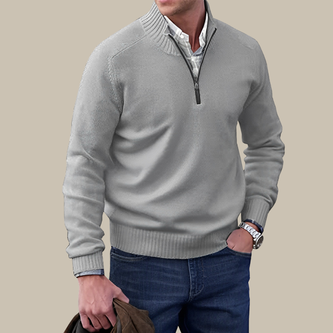 Moderner hochwertiger Herrenpullover mit Reißverschluss und hohem Kragen
