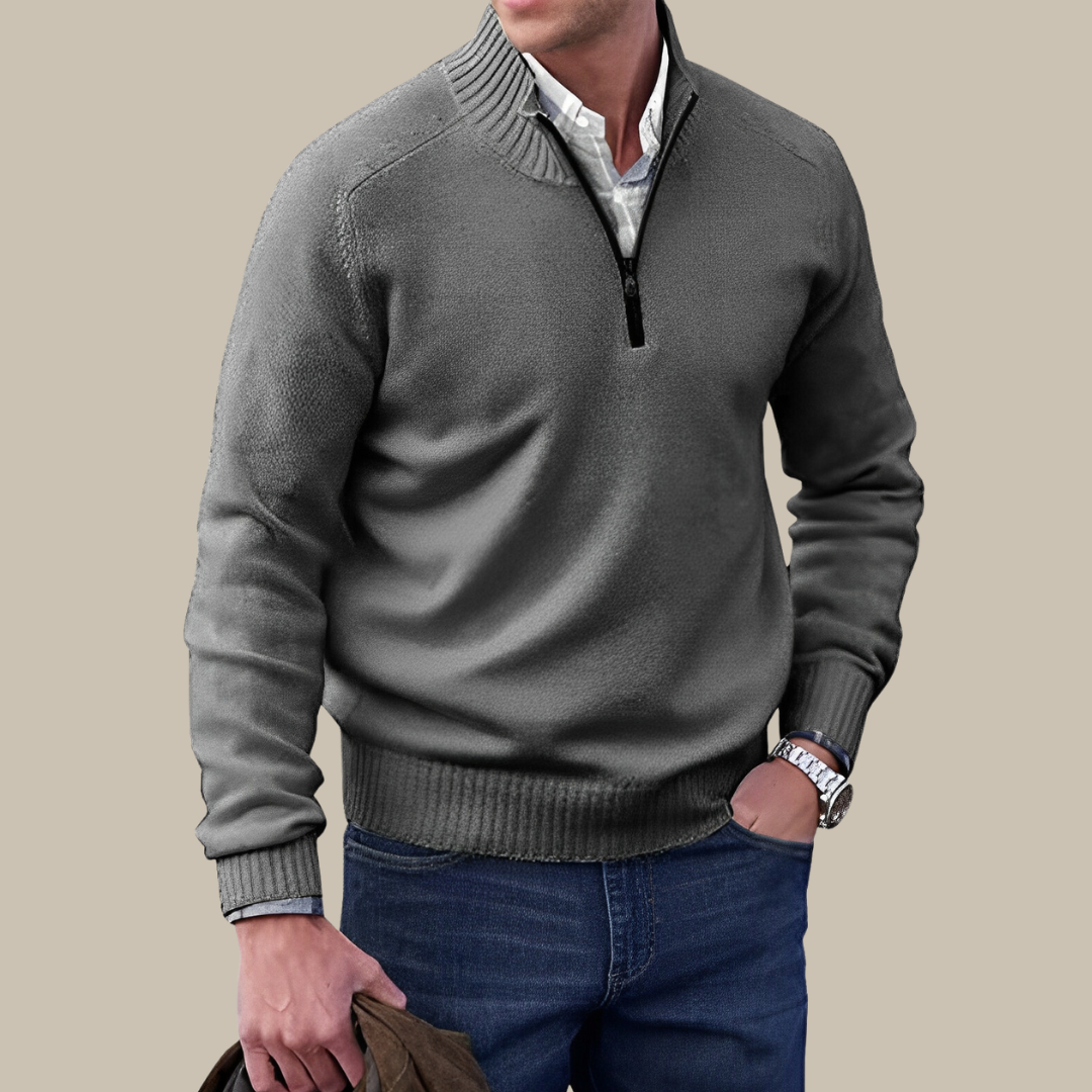 Moderner hochwertiger Herrenpullover mit Reißverschluss und hohem Kragen