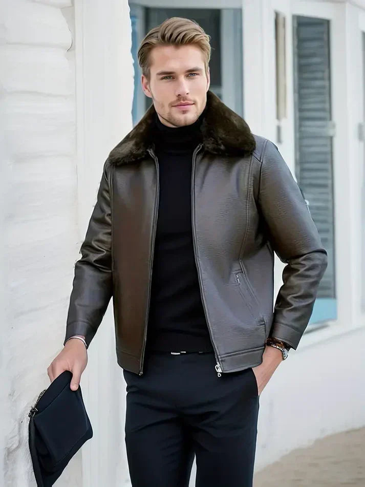 Klassische Lederjacke mit warmem Kragen für Männer